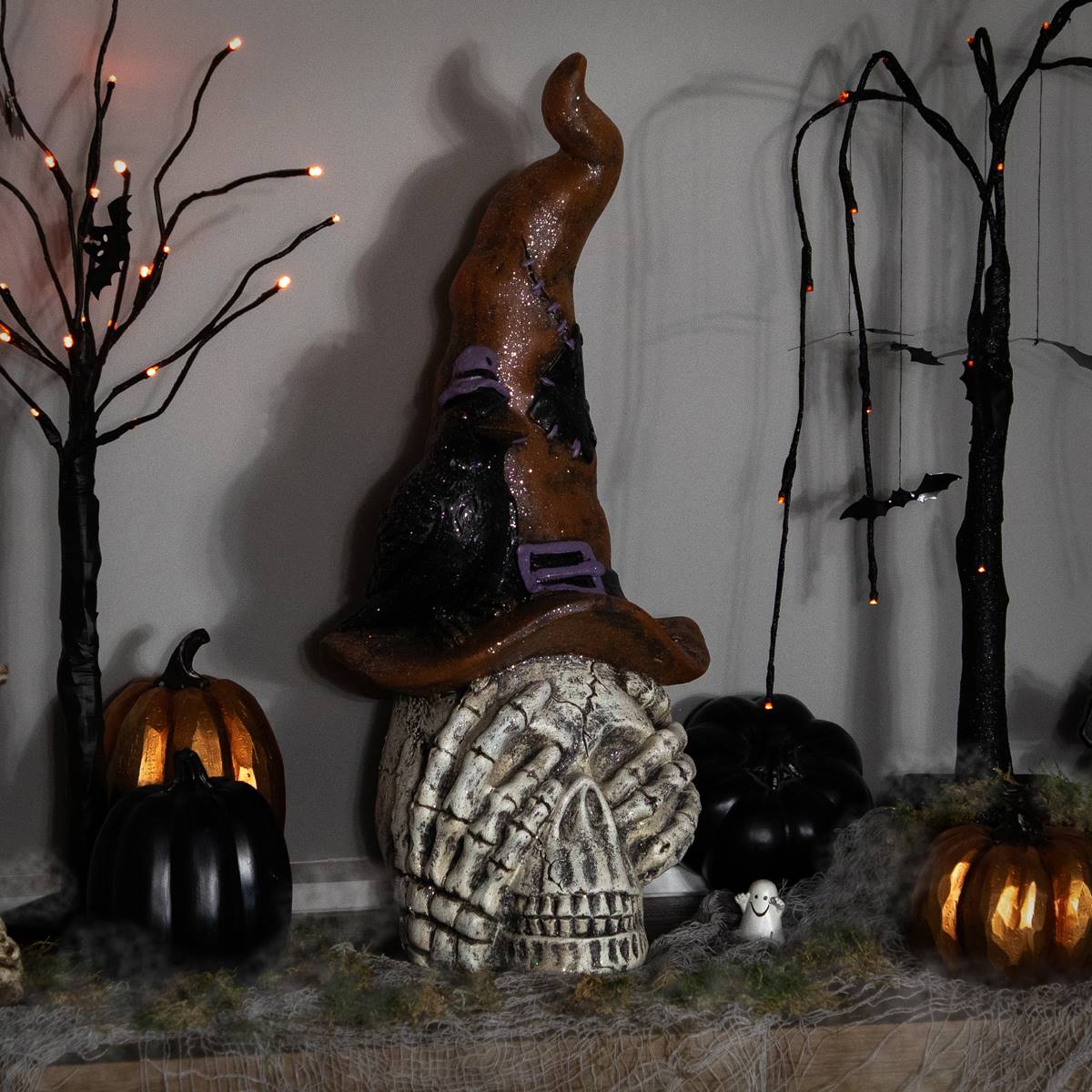 Northlight Seasonal Skull In Witch Hat W/ Crow Halloween Decor