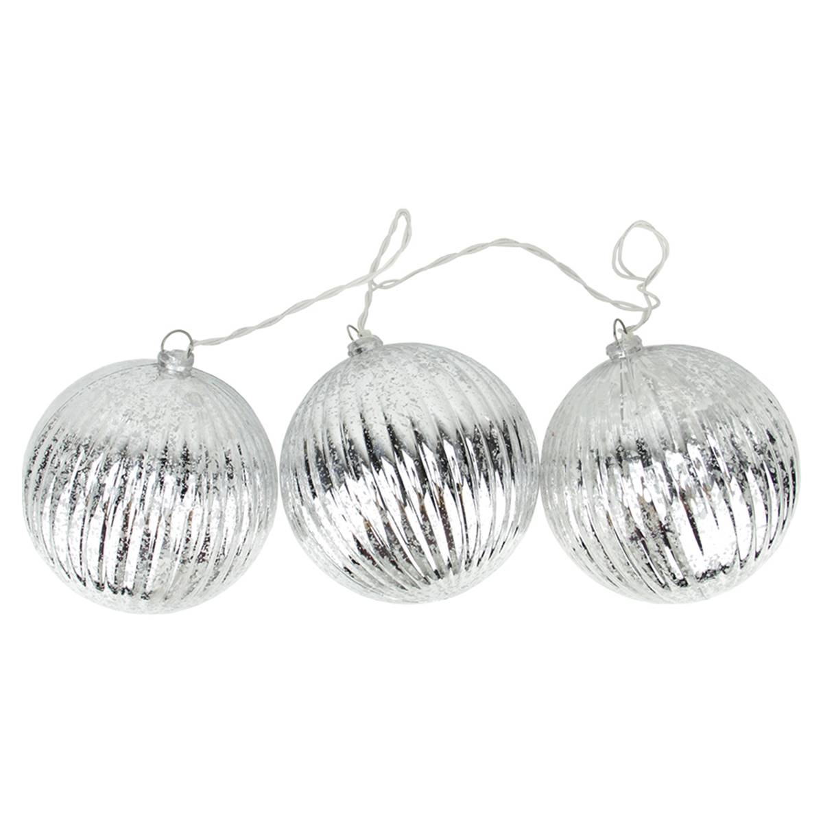 PENN Set Of 3 Silver Glass Ribbed Ball Christmas Ornaments