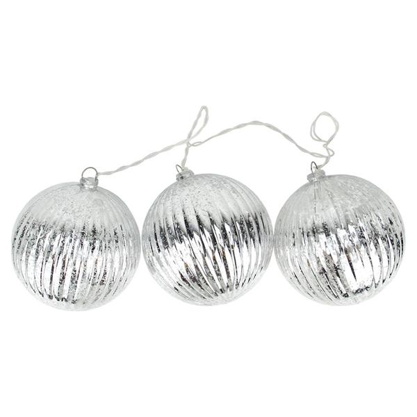 PENN 3pc. Lighted Silver Glass Ribbed Ball Christmas Ornaments