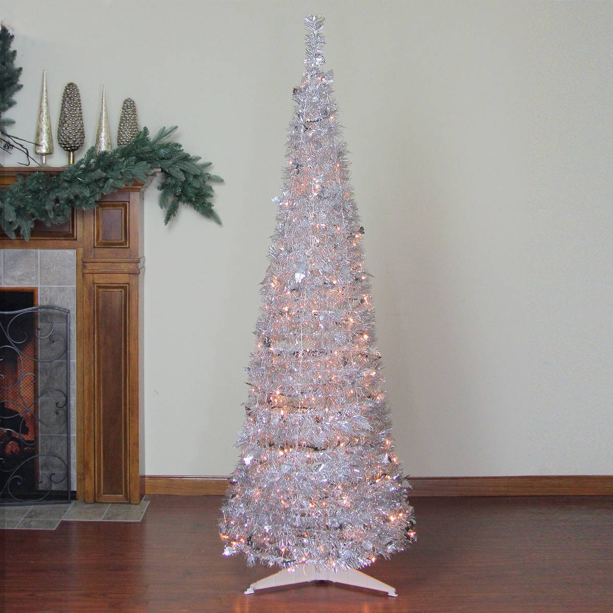 Northlight 6ft. Silver Tinsel Pop-Up Artificial Christmas Tree