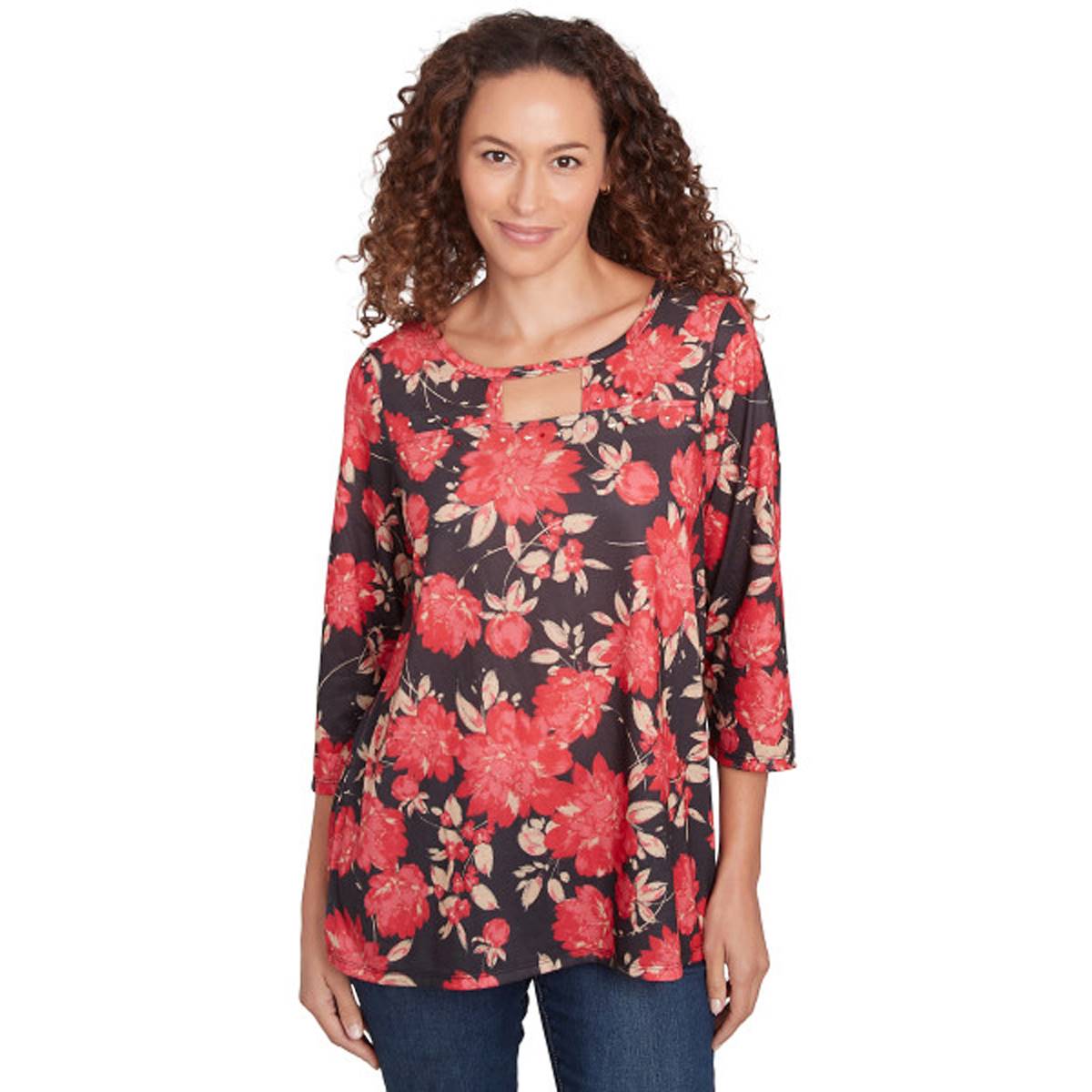 Womens Hearts Of Palm Red-y To Shine Floral Tunic Blouse