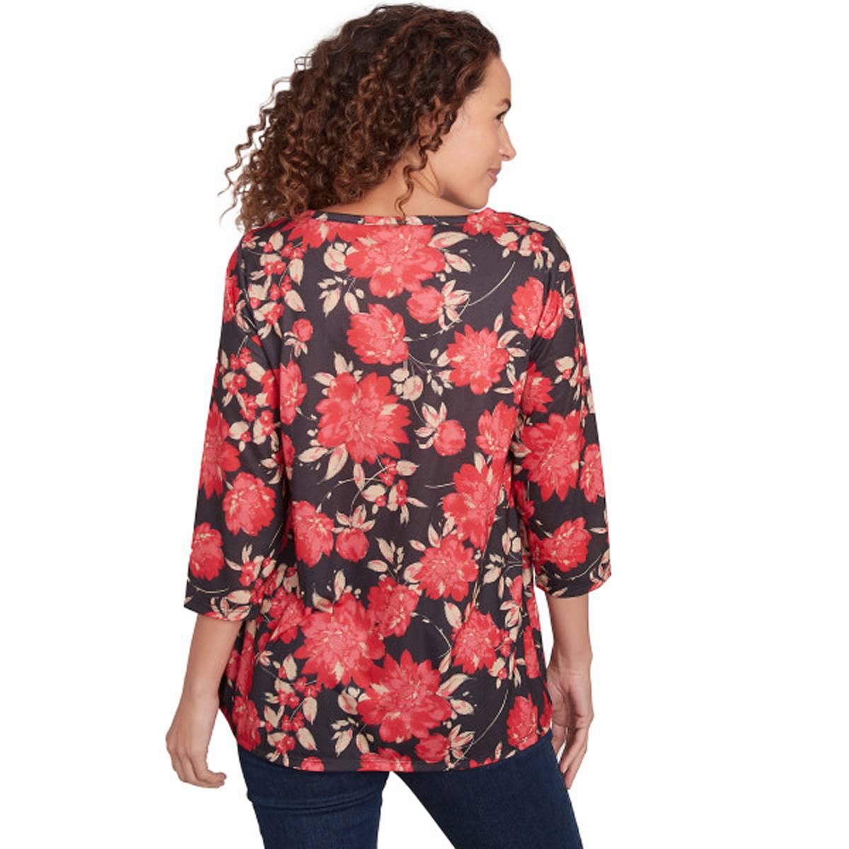 Womens Hearts Of Palm Red-y To Shine Floral Tunic Blouse