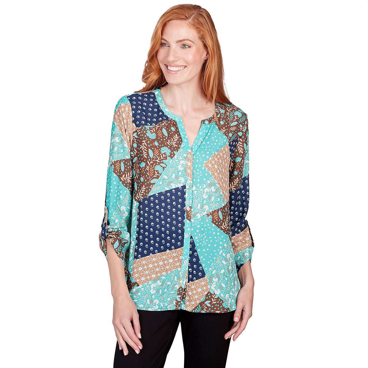 Plus Size Hearts Of Palm Teal The Show Patchwork Blouse