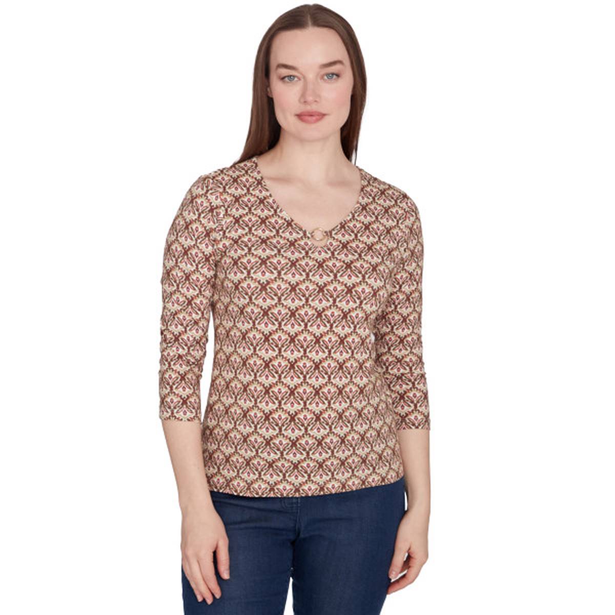 Plus Size Hearts Of Palm Spice It Up 3/4 Sleeve Geo Damask Top