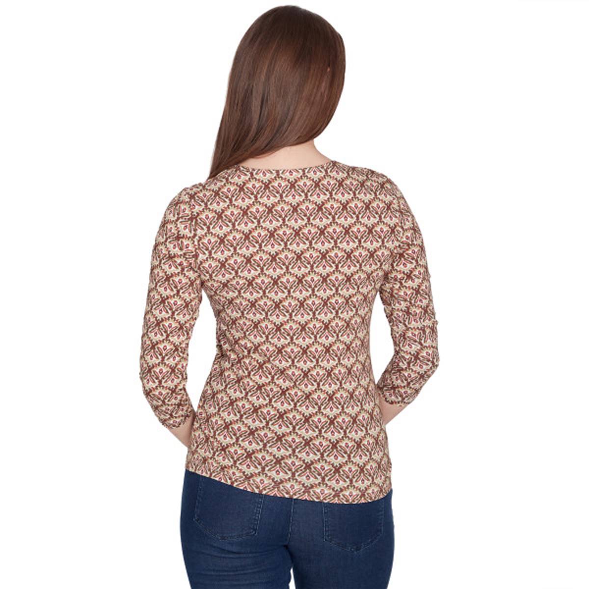 Plus Size Hearts Of Palm Spice It Up 3/4 Sleeve Geo Damask Top