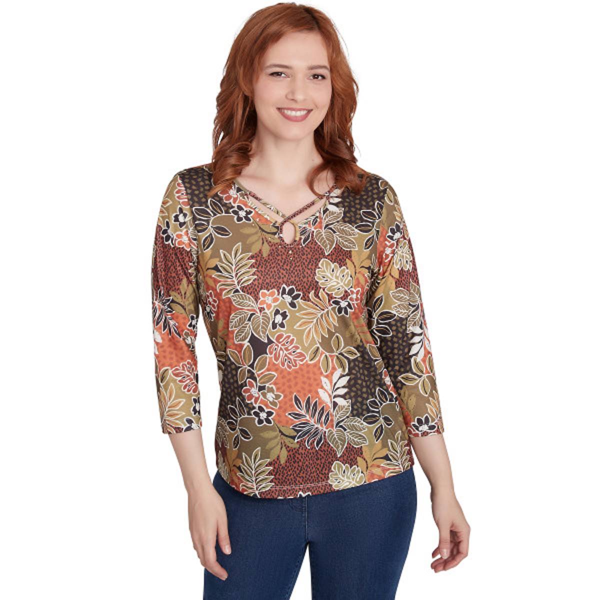 Petite Hearts of Palm Spice It Up 3/4 Sleeve Floral Cut-Out Top