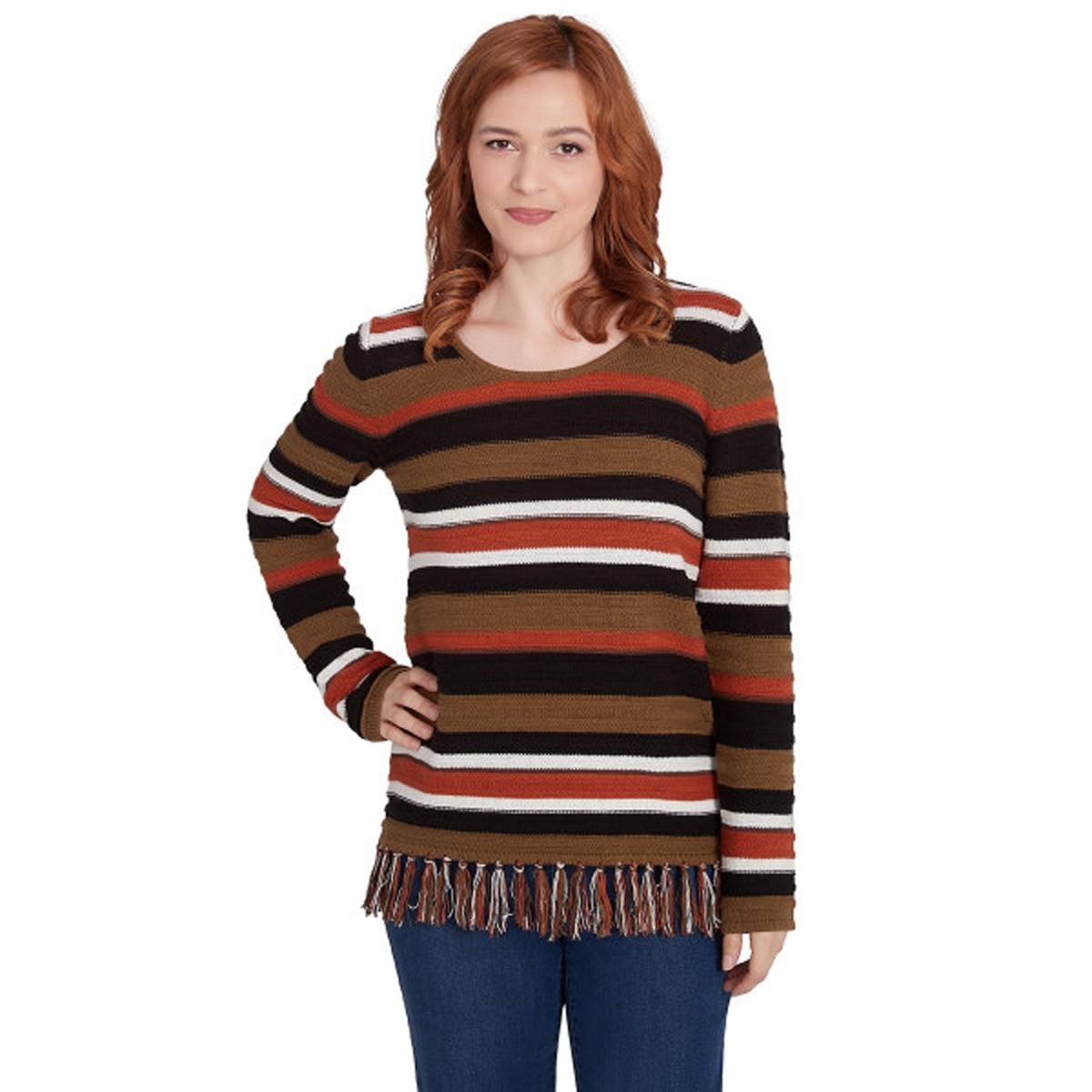 Petite Hearts of Palm Spice It Up Stripe Fringe Hem Sweater