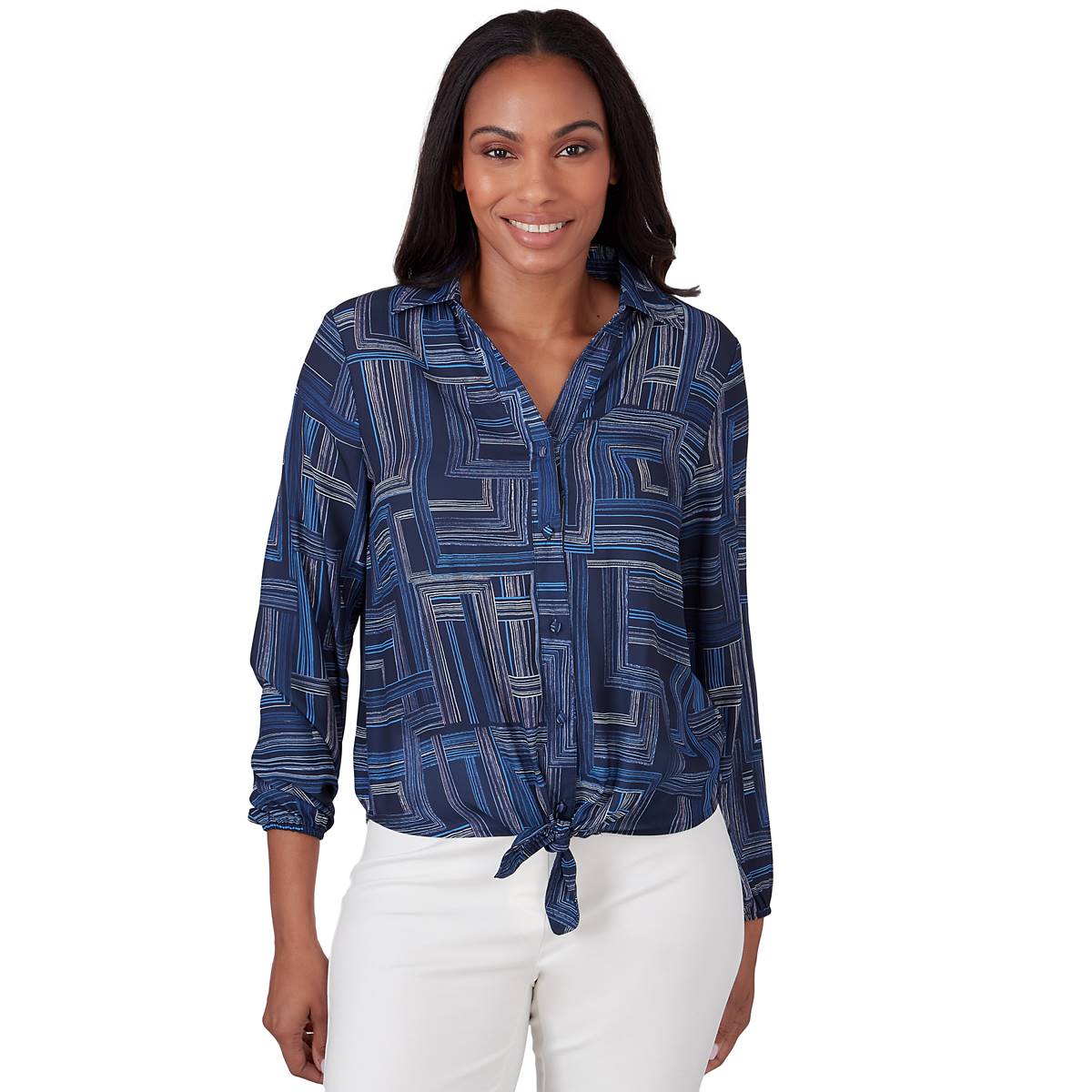 Womens Emaline Anguilla Squares Long Sleeve Casual Button Down