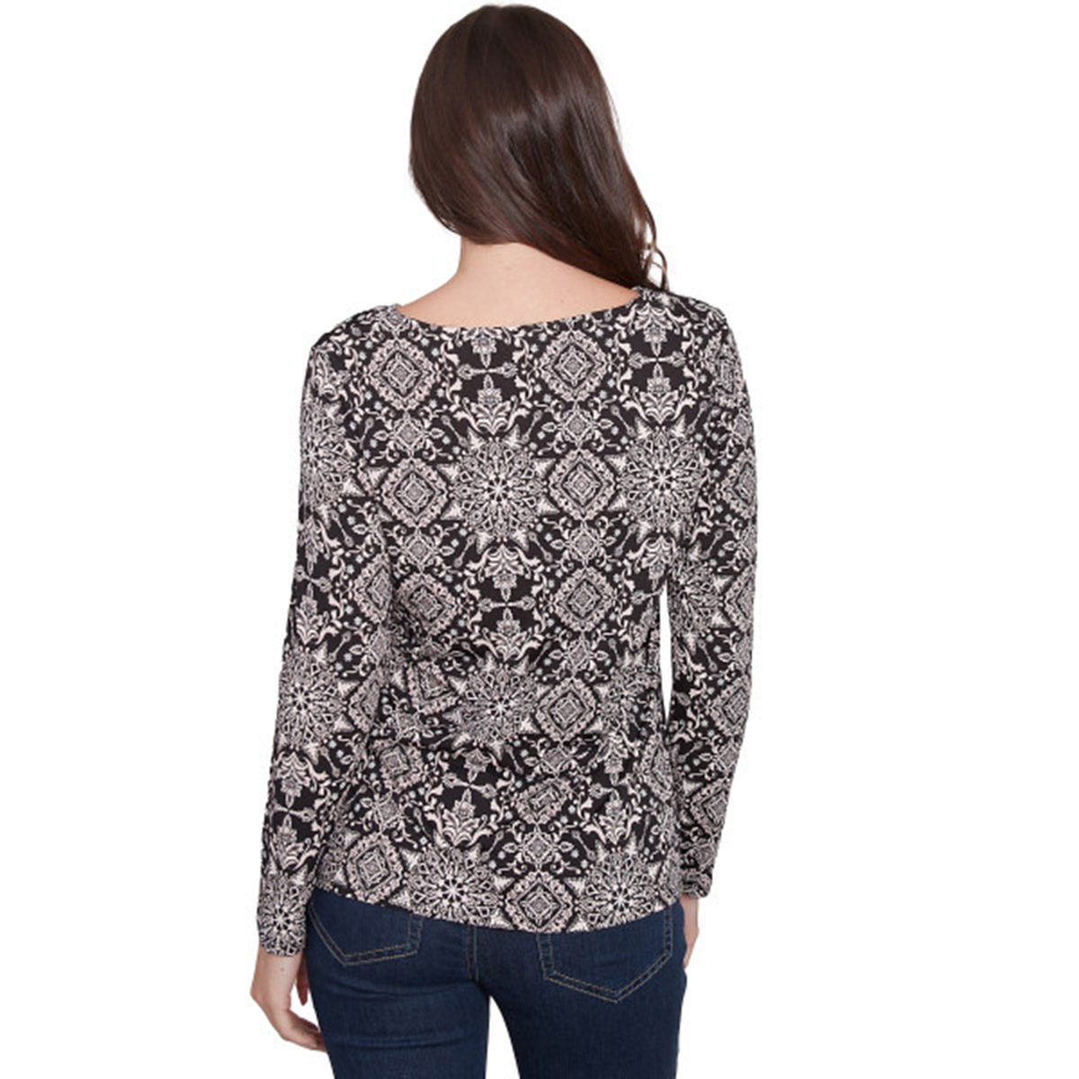 Petite Emaline Key Items Long Sleeve Damask Keyhole Neck Tee