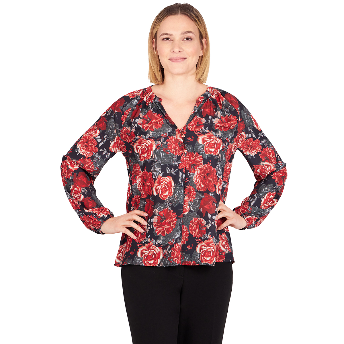 Womens Emaline Long Sleeve Split V-Neck Rose Garden Blouse