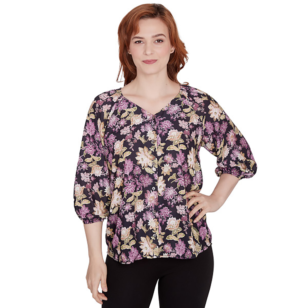 Petite Emaline California 3/4 Sleeve Floral Button Front Blouse