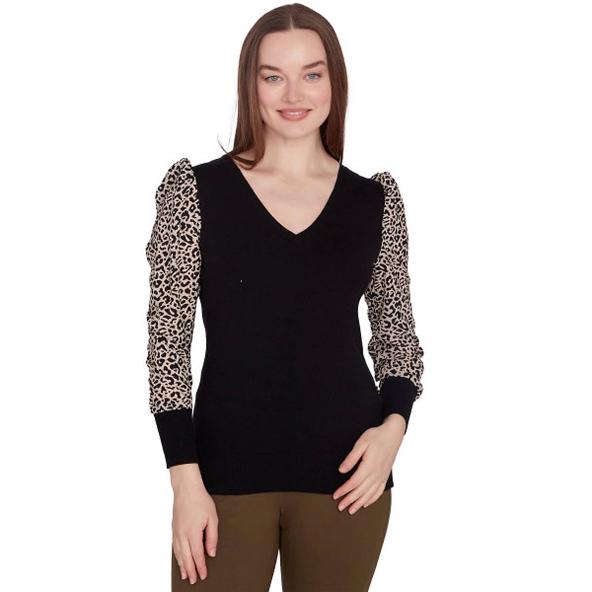 Plus Size Emaline Oregon Leopard Long Sleeve Mixed Media Sweater