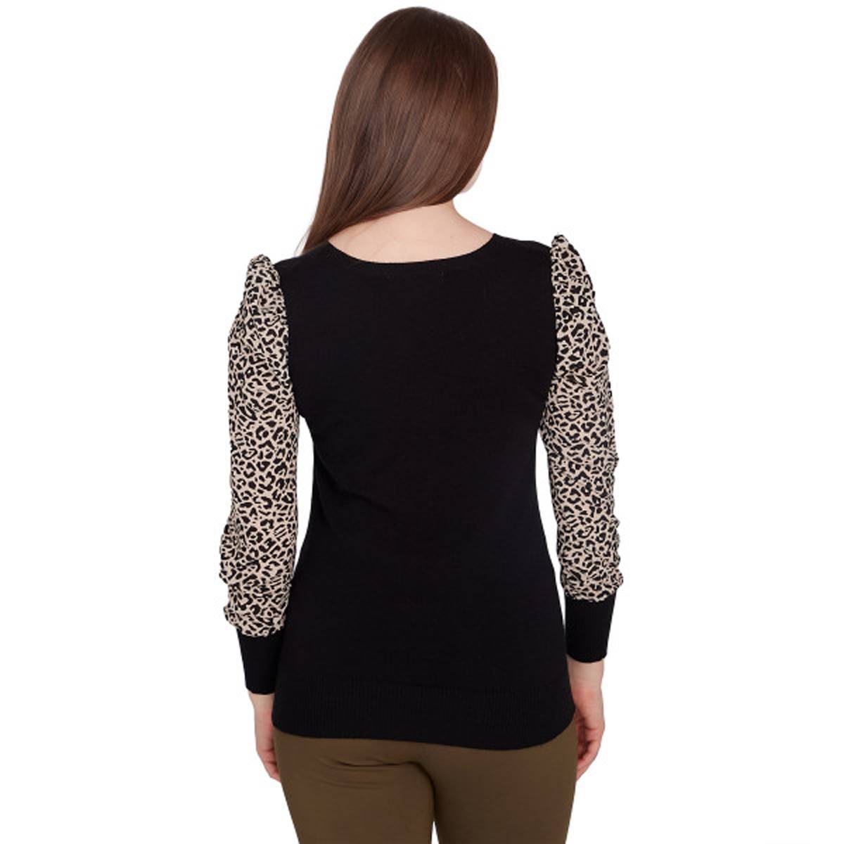 Plus Size Emaline Oregon Leopard Long Sleeve Mixed Media Sweater