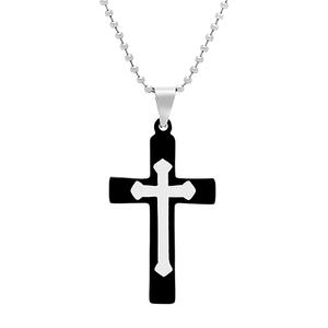 Mens Stainless Steel Two-Tone IP Double Cross Pendant Necklace