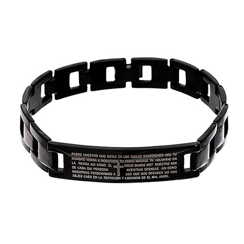 Mens Black IP Lords Prayer Cross ID Bracelet