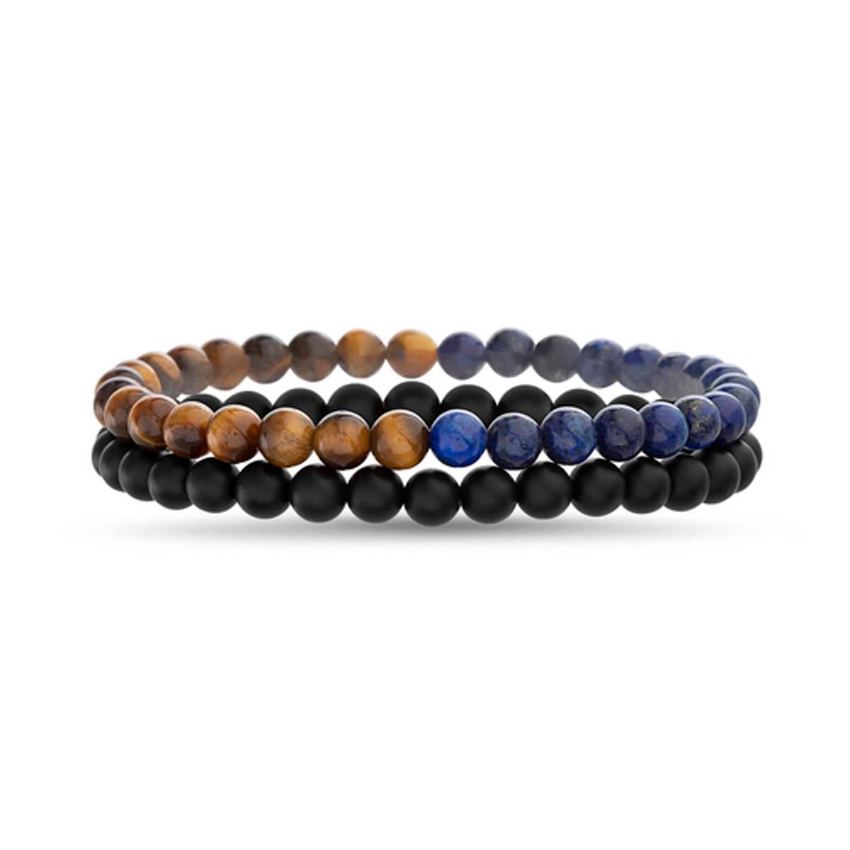 Mens Creed Lapis/Tiger Eye & Black Beaded Duo Bracelet Set