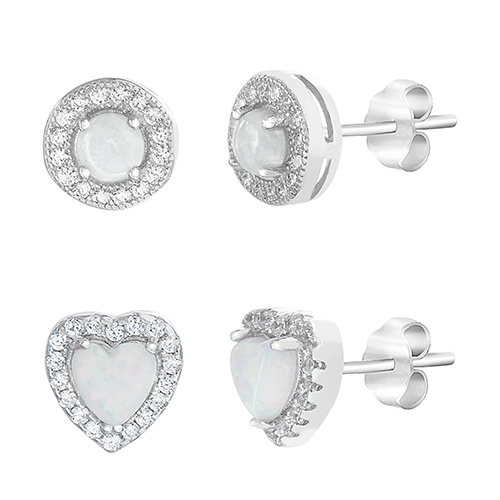 Sterling Silver & Opal Round & Heart Earring Set
