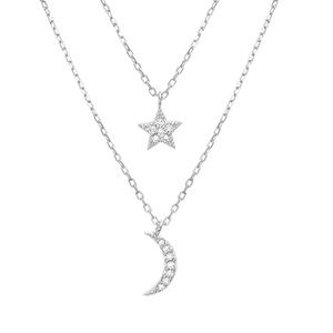 Fine Silver Plated Double Layered Star & Crescent Pendant
