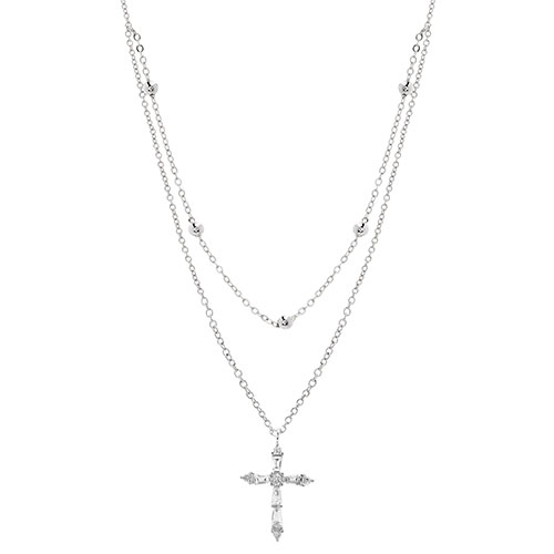 Fine Silver Plated 2 Row Cross Pendant Necklace