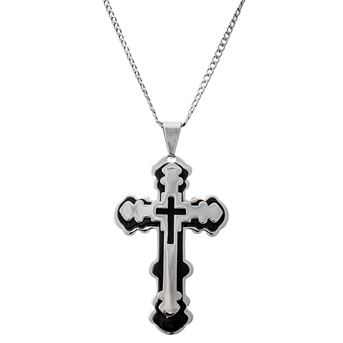 Mens Stainless Steel Two-Tone & Black Cross Pendant Neckalce