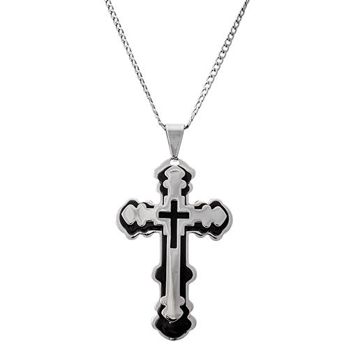 Mens Stainless Steel Two-Tone & Black Cross Pendant Necklace