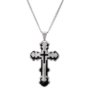 Mens Stainless Steel Two-Tone & Black Cross Pendant Necklace