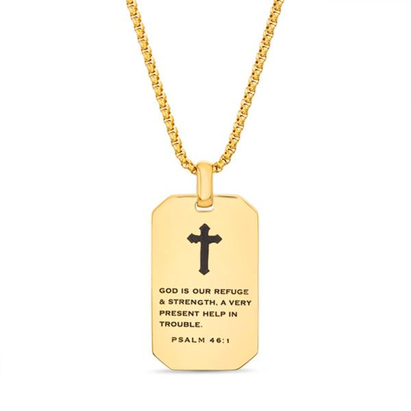 Mens Creed Stainless Steel & Black Enamel Cross/Psalm Necklace