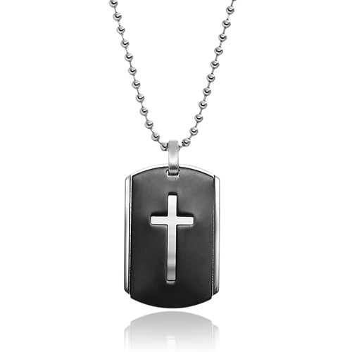 Mens Two-Tone Cross Dog Tag Necklace With Bead Chain