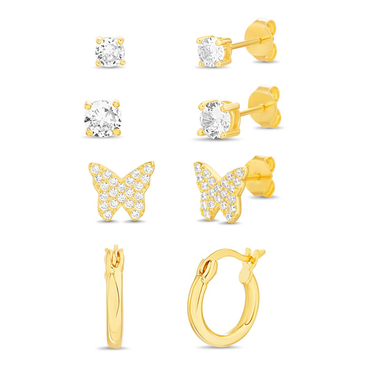 4pr. CZ Butterfly Studs & Hoop Earrings Set