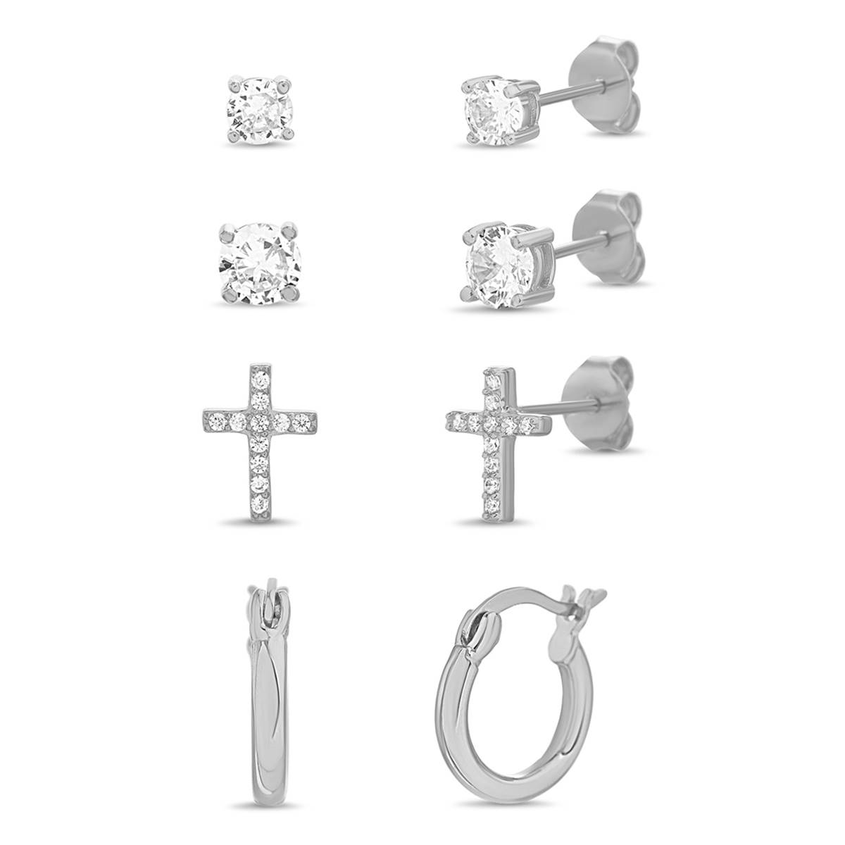 4pr. CZ Cross Studs & Hoop Earrings Set