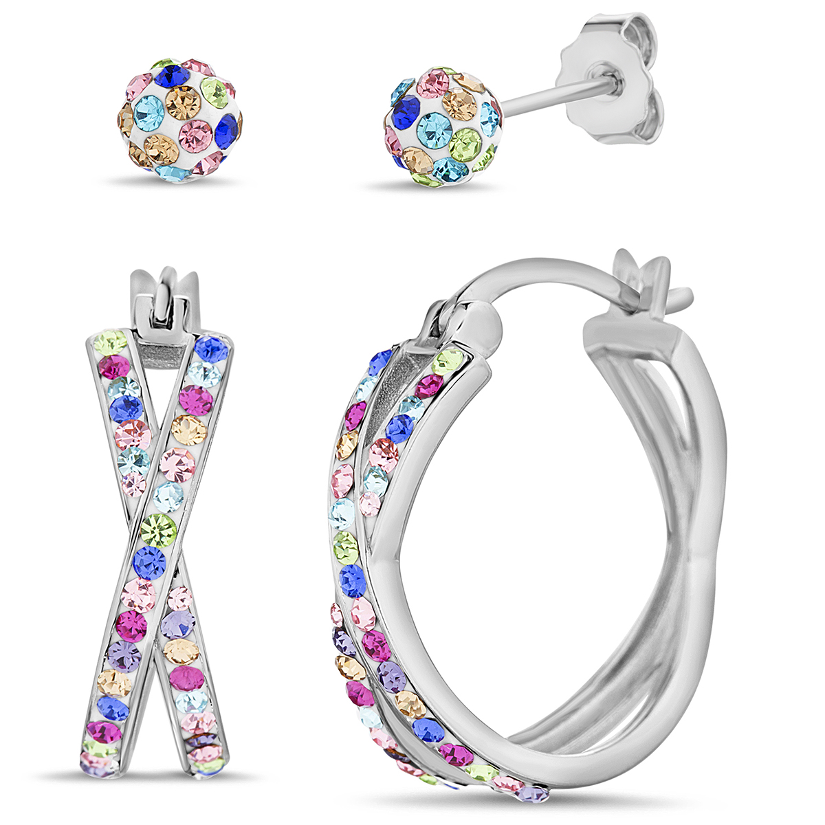 2pc. Brass Scattered Rainbow Crystal Hoop And Stud Earrings Set