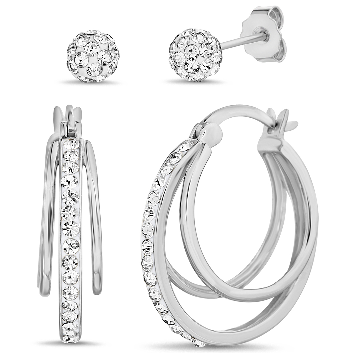 Set Of 2 Split Hoop Earrings With Crystals & Studs