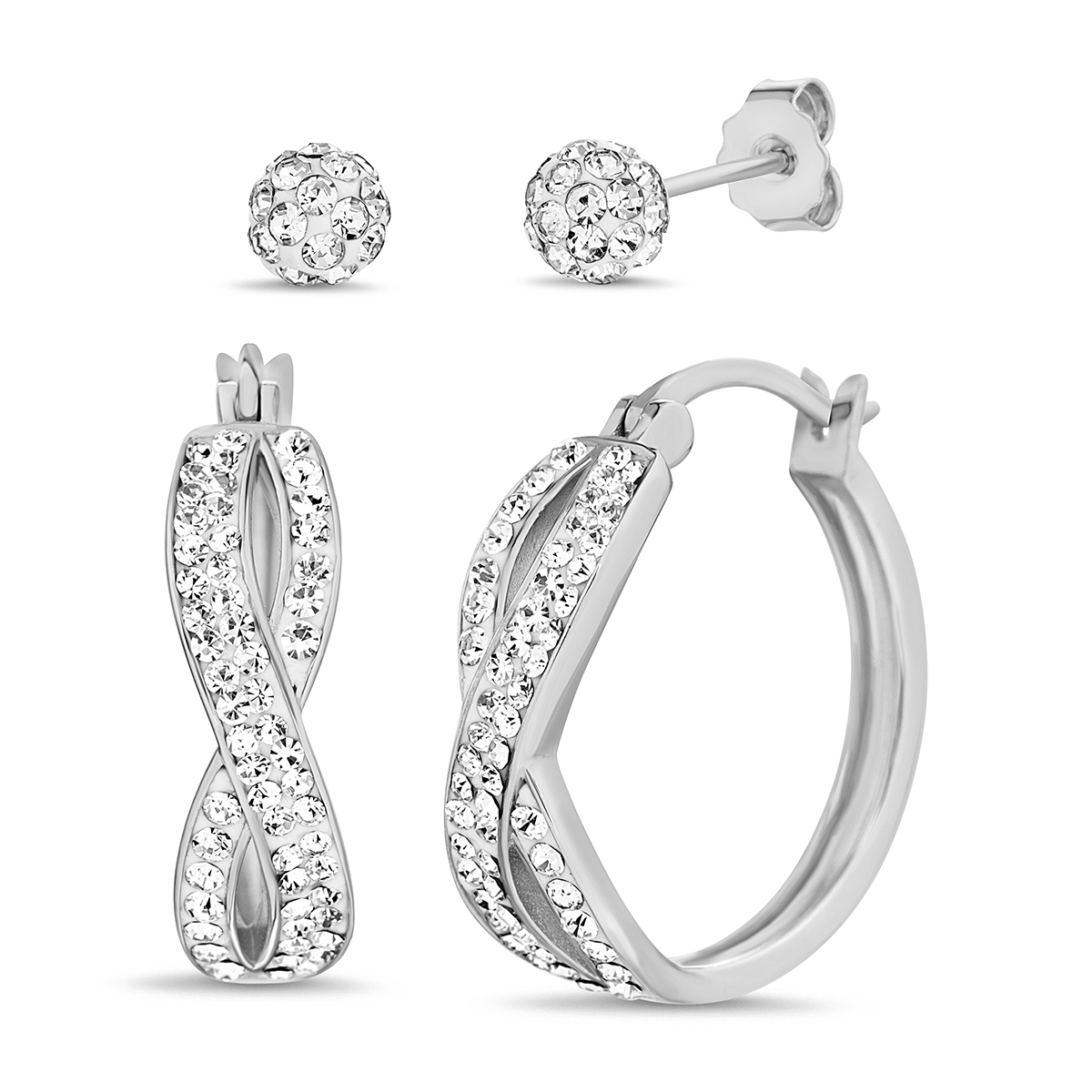 Austrian Crystal Twisted Hoop And Fireball Stud Duo Earrings Set