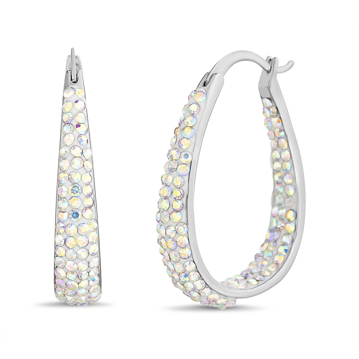 Rhodium Plated Pave Aurora Crystal Hoop Earrings