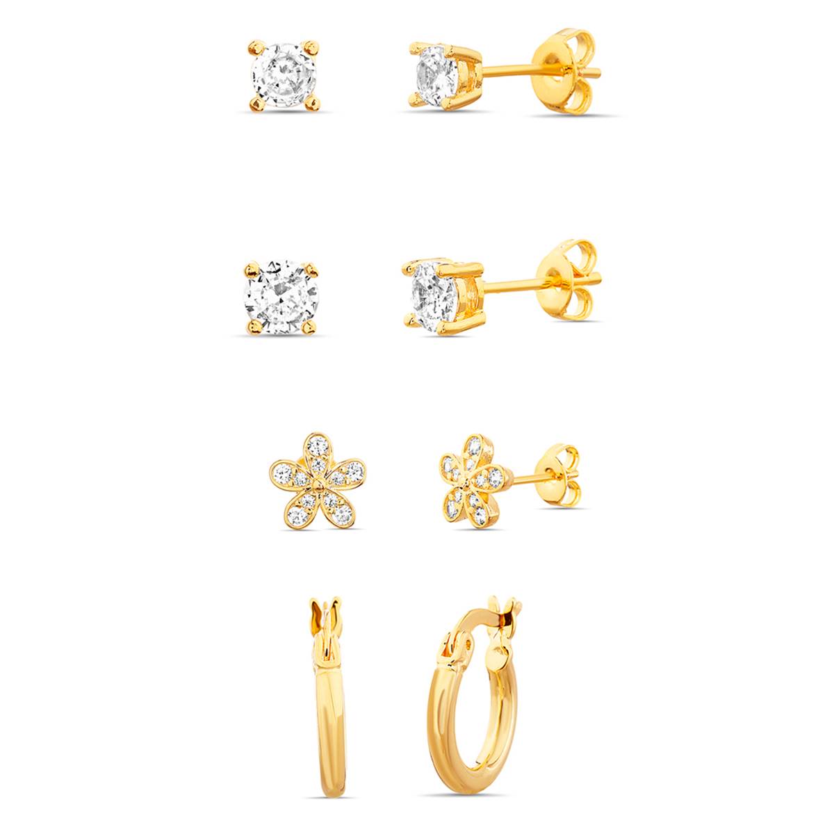 4pr. CZ Studs Daisy & Hoop Earrings Set