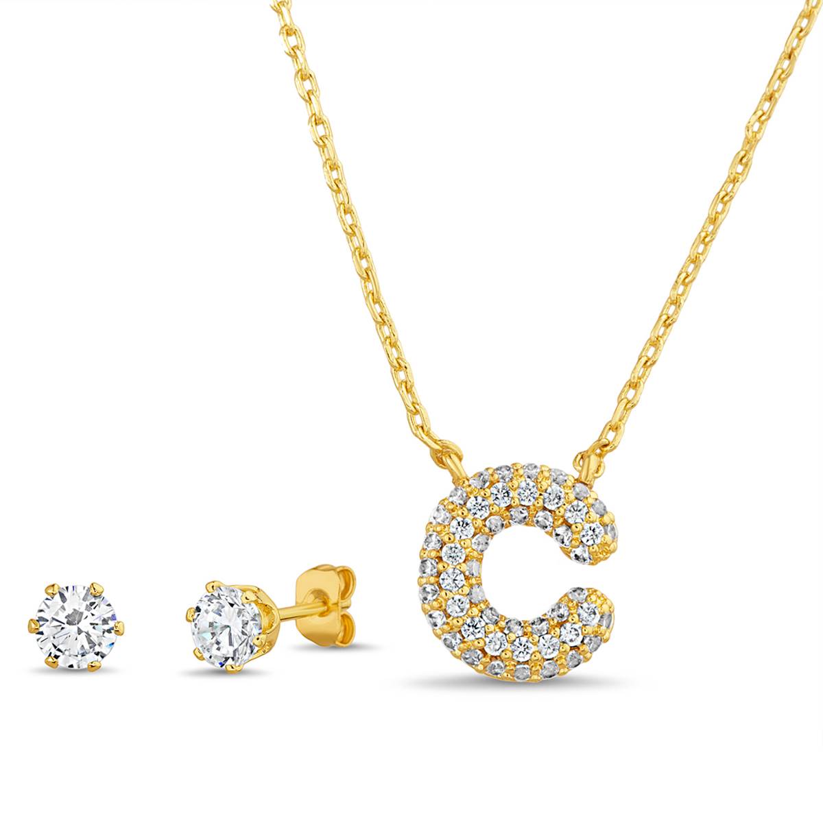 CZ 3D Initial C Necklace And Stud Earrings Set