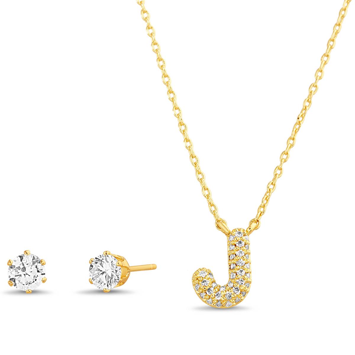 CZ 3D Initial J Necklace And Stud Earrings Set