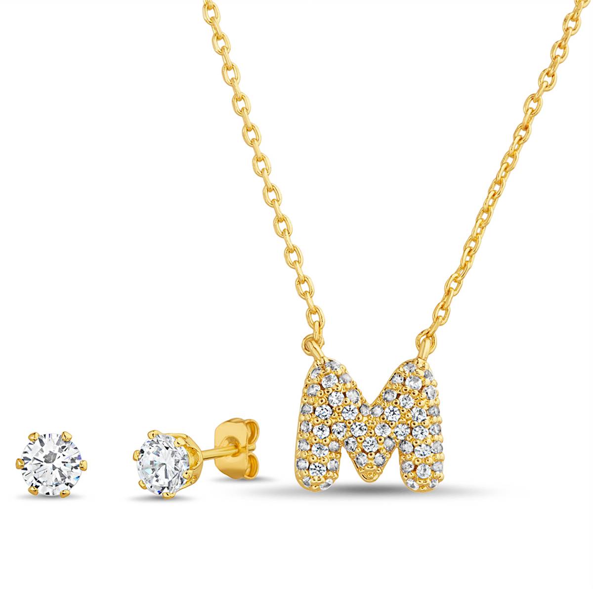 CZ 3D Initial M Necklace And Stud Earrings Set