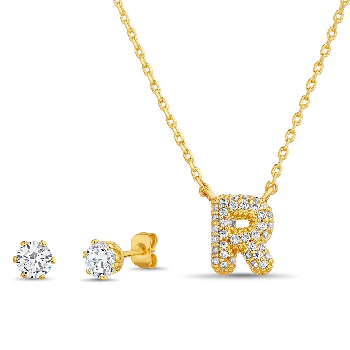 CZ 3D Initial R Necklace And Stud Earrings Set