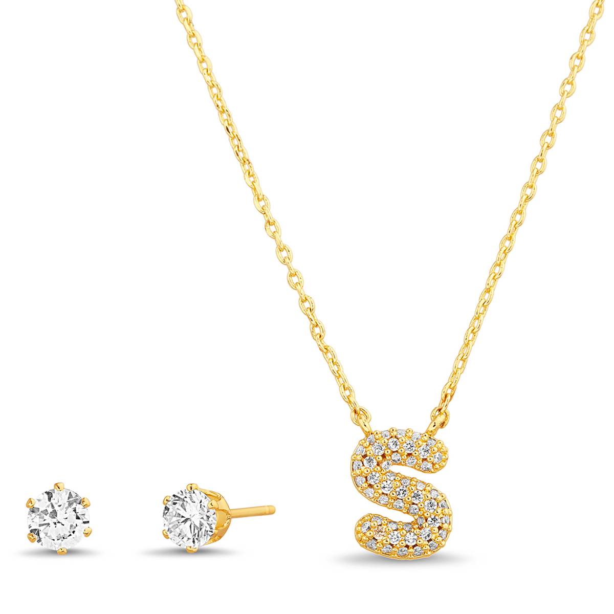 CZ 3D Initial S Necklace And Stud Earrings Set