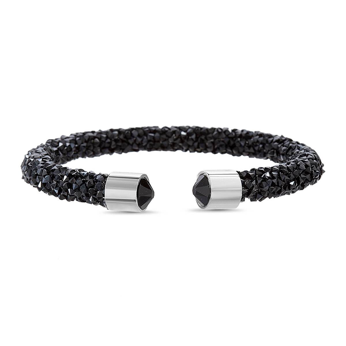 Brass Rhodium Plated Black Crystal Cuff Bracelet