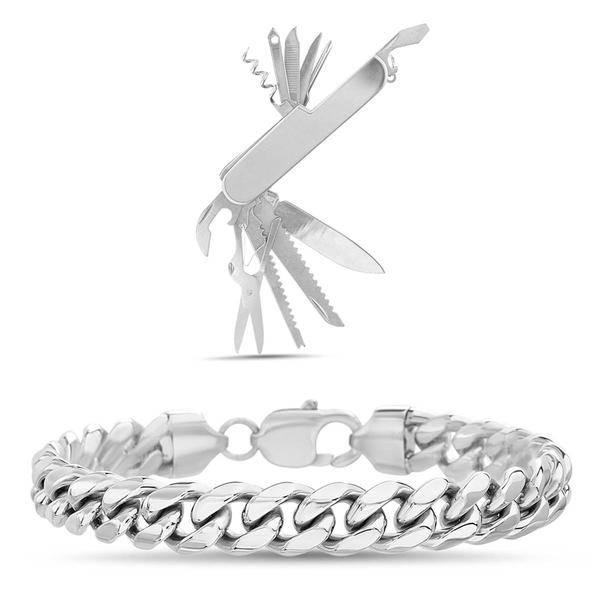 Mens Gentlemen's Classics Curb Bracelet and Multi Tool Set