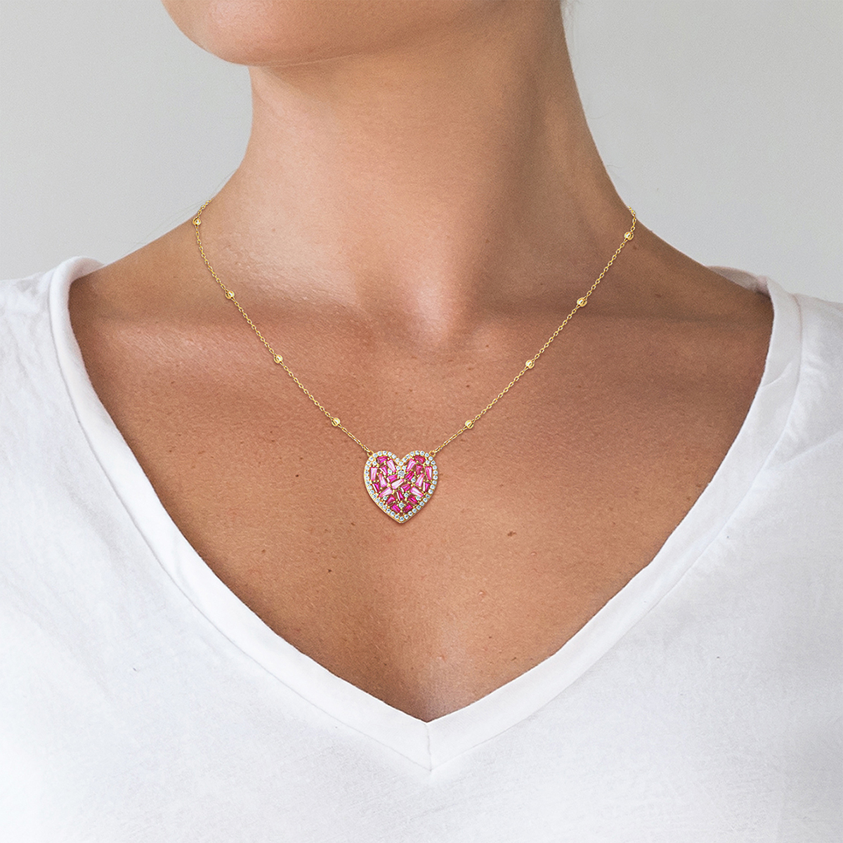 Splendere Gold Plated Sterling Silver Pink CZ Heart Necklace