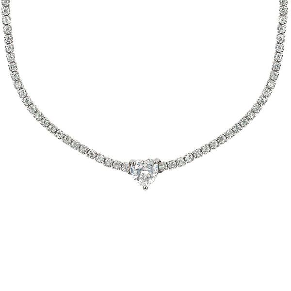 Splendere Sterling Silver Heart Tennis Pendant Necklace
