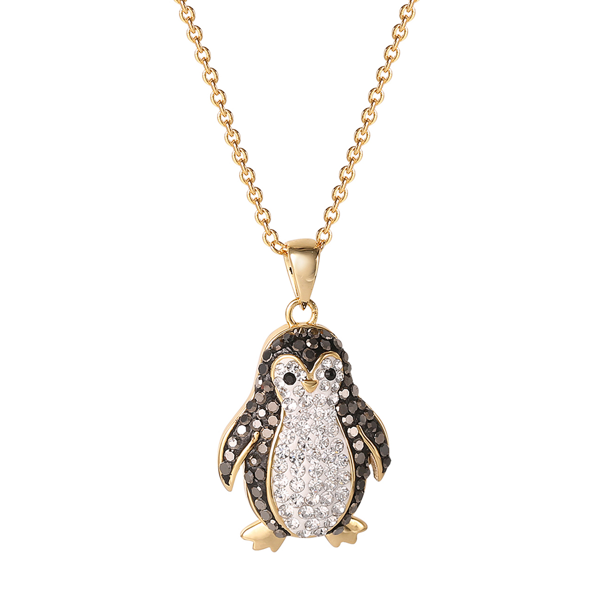 Gold Flash Plated Brass Crystal Penguin Pendant Necklace