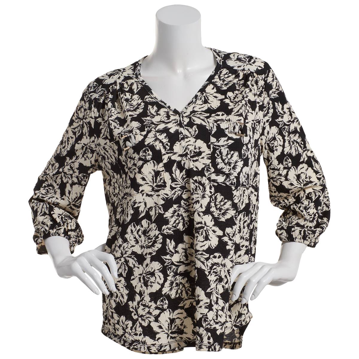 Womens Como Blu Crinkle Long Sleeve Floral V-Neck Blouse