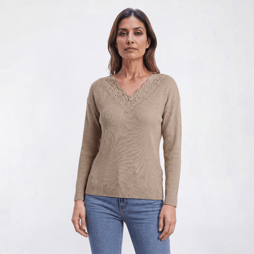 Womens Como Blu Long Sleeve Lace V-Neck Rib Knit Blouse alternate view