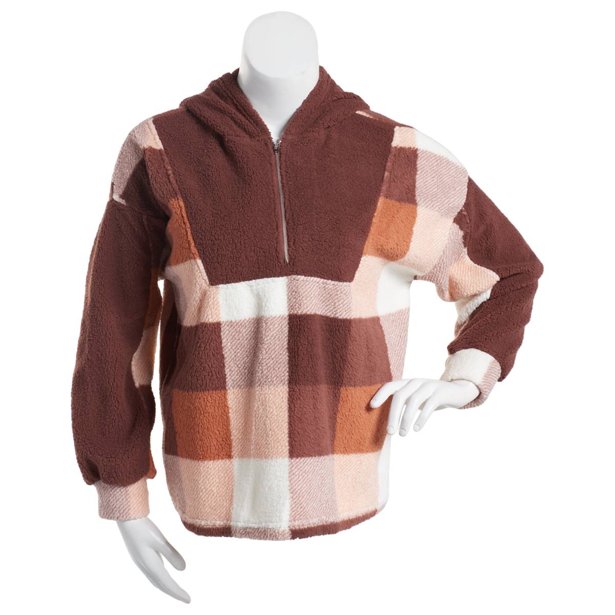 Plus Size Como Blu Long Sleeve Baby Sherpa Pullover W/Zipper-BLK