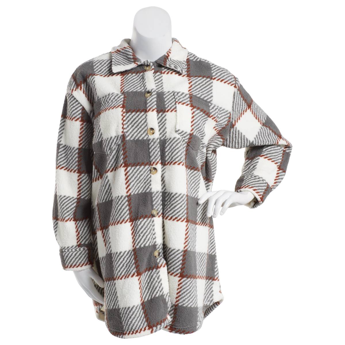 Plus Size Como Blu Button Down Plaid Sherpa Shacket-GREY