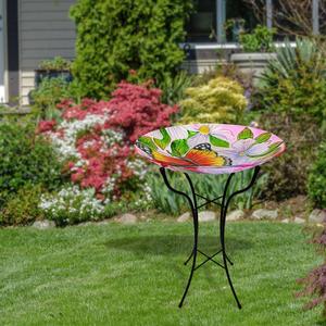 Alpine 18in. Flowers & Butterfly Glass Birdbath w/ Metal Stand alternate view